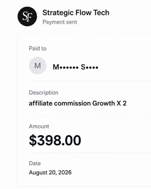 Payout confirmation showing $398.00 paid August 20, 2026 for two Growth-tier clients